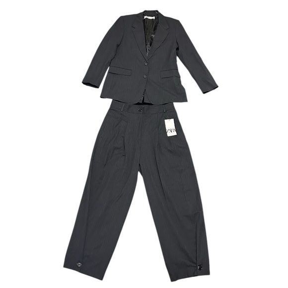 Zara pinstripes double breasted black pantsuit